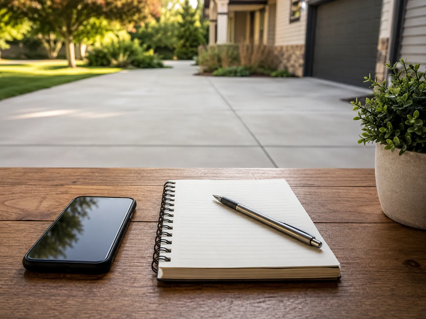 Smartphone, notebook, and pen beside a residential driveway